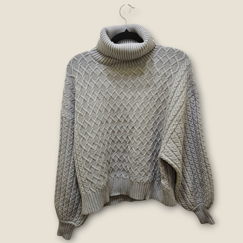 Elie Tahari Silver Gray‎ Heather Turtleneck Cable Knit Sweater Womens Medium New